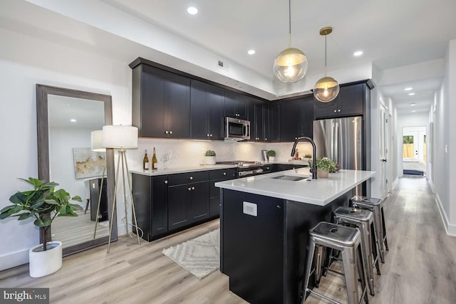 kitchen with appliances with stainless steel finishes, decorative light fixtures, sink, a breakfast bar, and a center island with sink