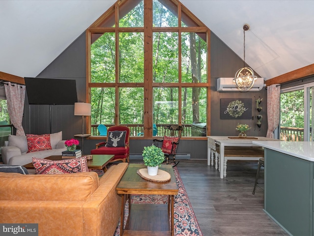 living room featuring a wall mounted air conditioner, high vaulted ceiling, a baseboard radiator, a notable chandelier, and dark wood-type flooring