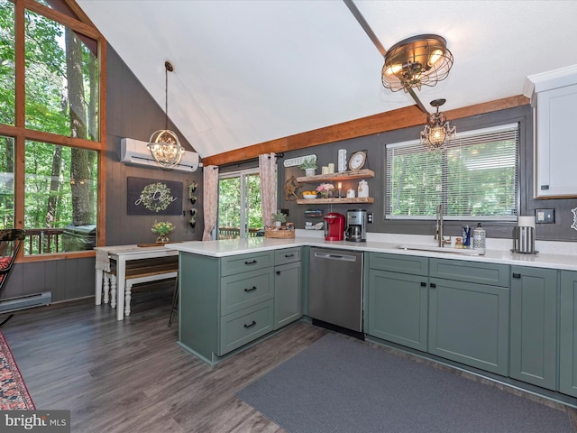 kitchen featuring sink, decorative light fixtures, vaulted ceiling, dishwasher, and a wall unit AC