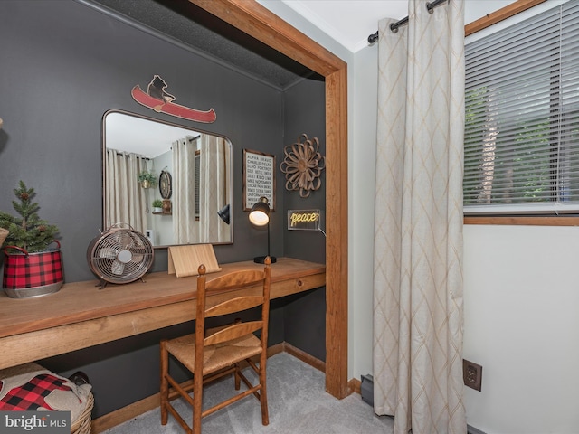 interior space with crown molding and carpet flooring