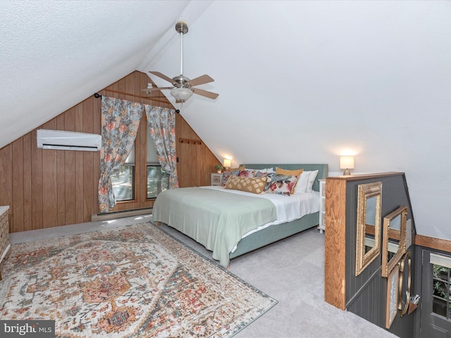 bedroom featuring a wall mounted AC, lofted ceiling with beams, a baseboard radiator, light colored carpet, and wood walls