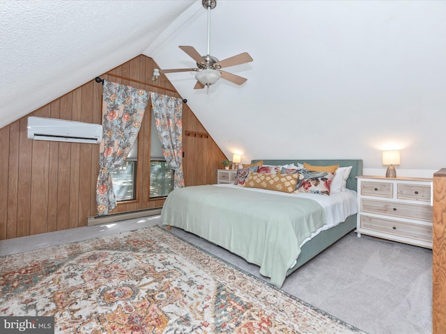 bedroom featuring wooden walls, a baseboard radiator, carpet flooring, and a wall mounted AC