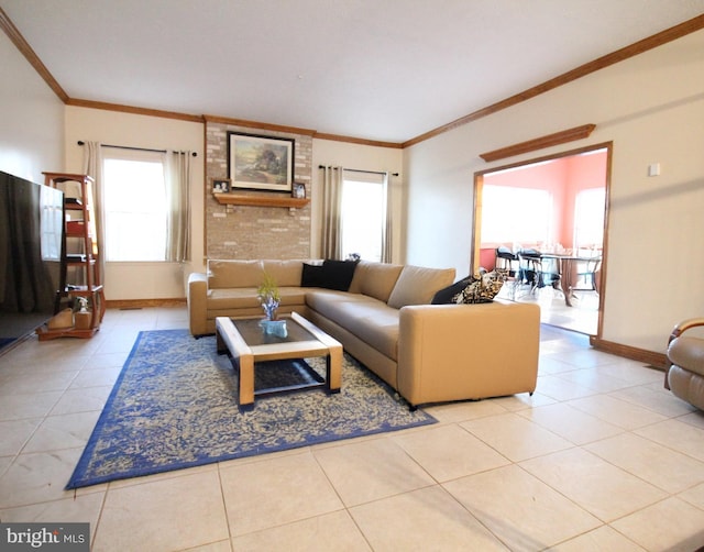 living room featuring crown molding and light tile patterned floors