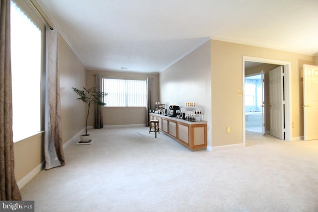 interior space featuring crown molding and light carpet