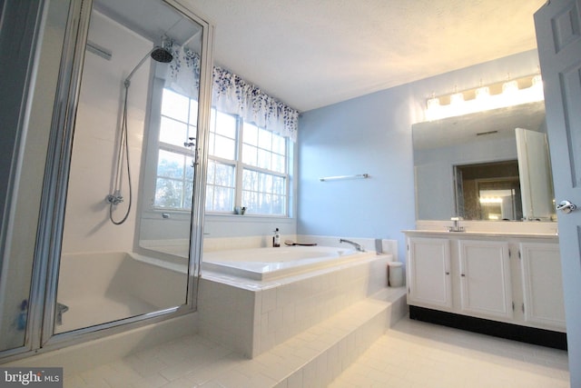 bathroom with vanity, separate shower and tub, and tile patterned flooring