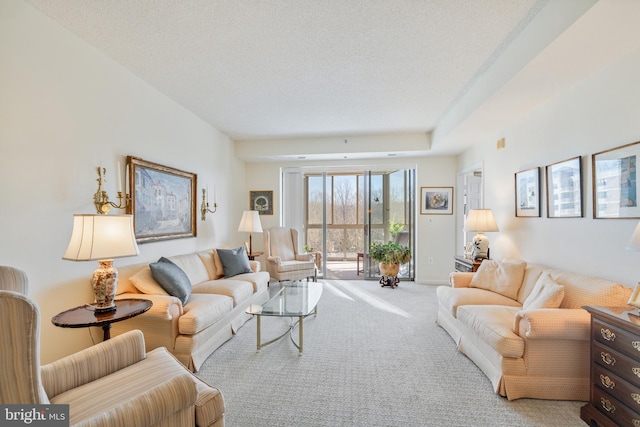 living room with carpet floors and a textured ceiling