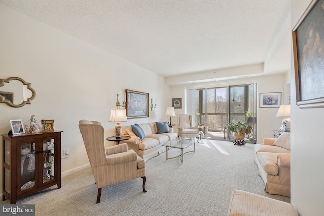 living room with light colored carpet and a textured ceiling