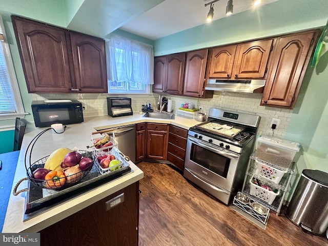 kitchen with sink, backsplash, plenty of natural light, dark hardwood / wood-style floors, and stainless steel appliances