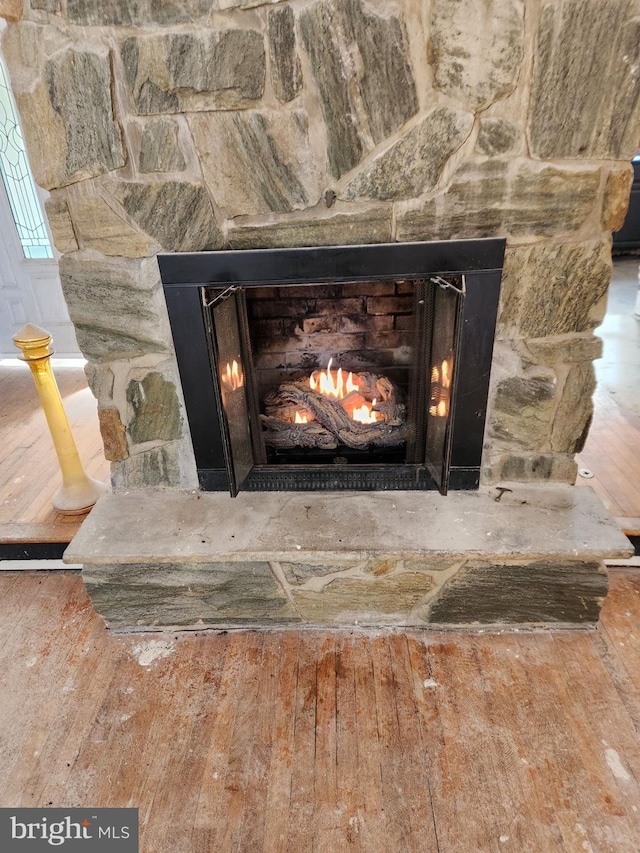 room details featuring a fireplace and wood finished floors