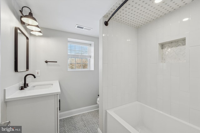 full bathroom featuring vanity, toilet, shower / bath combination, and tile patterned floors