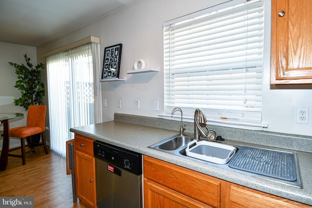 kitchen with dishwasher, sink, and hardwood / wood-style floors