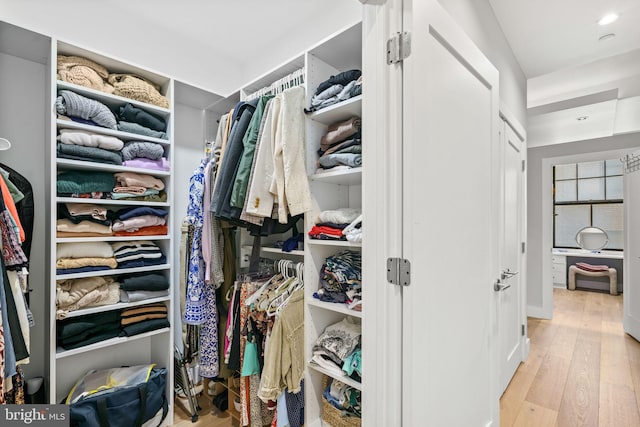 spacious closet with light hardwood / wood-style flooring