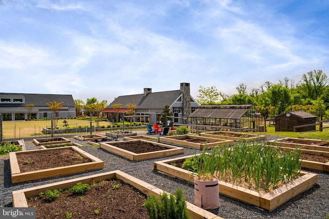 surrounding community with a storage shed