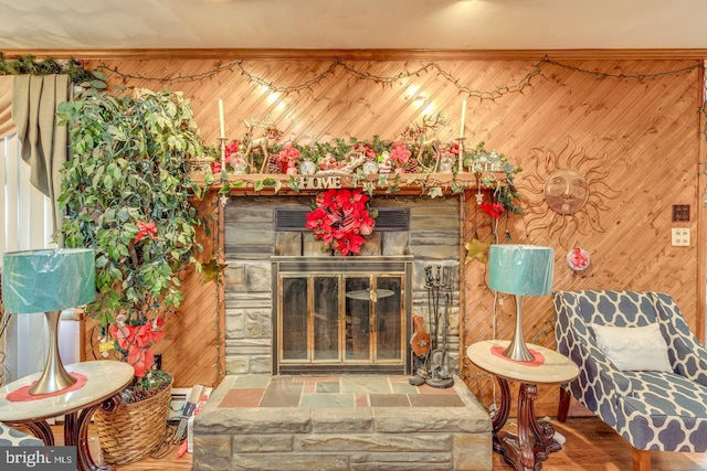 living room featuring a fireplace and wood walls