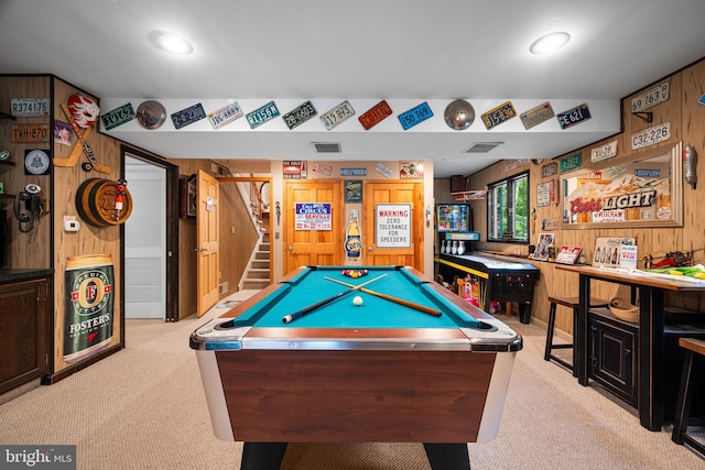 playroom featuring light colored carpet, wooden walls, and billiards