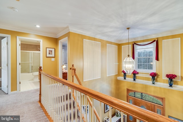 hall with crown molding, a chandelier, an upstairs landing, carpet flooring, and recessed lighting