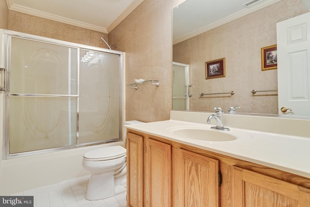 full bath with toilet, crown molding, wallpapered walls, enclosed tub / shower combo, and vanity