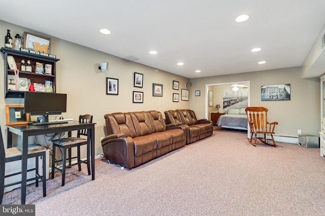 carpeted living room featuring recessed lighting, visible vents, baseboards, and a baseboard heating unit