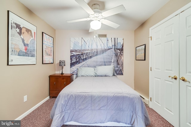 bedroom featuring visible vents, baseboards, ceiling fan, carpet flooring, and baseboard heating