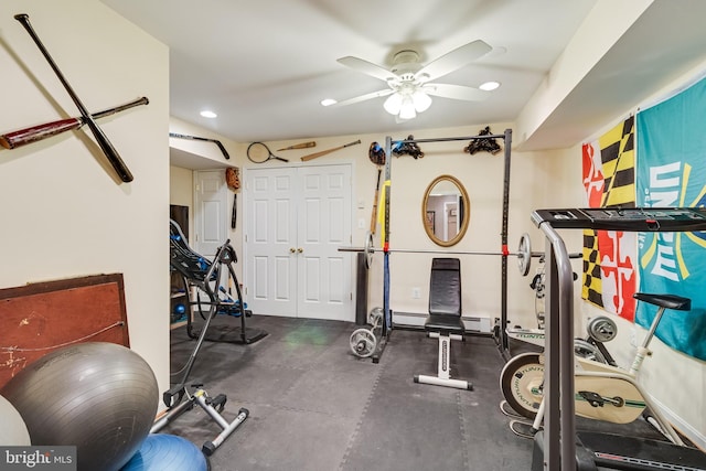 exercise room with recessed lighting and a ceiling fan