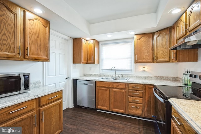 kitchen featuring sink, dark wood-type flooring, stainless steel appliances, light stone counters, and a tray ceiling