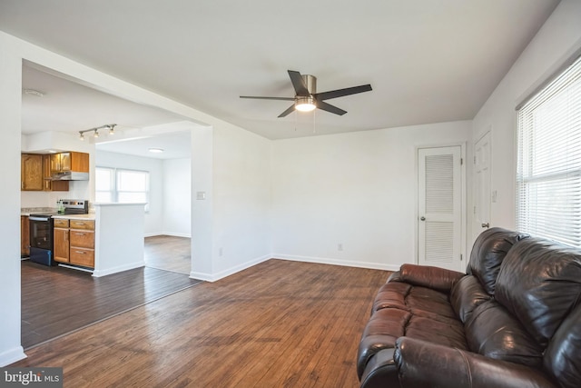 living room featuring ceiling fan and dark hardwood / wood-style flooring