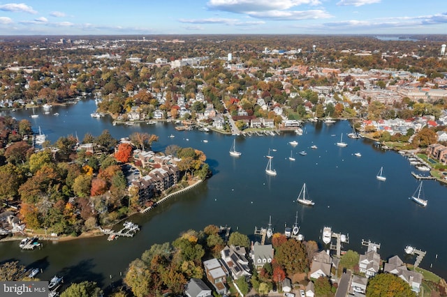 bird's eye view with a water view