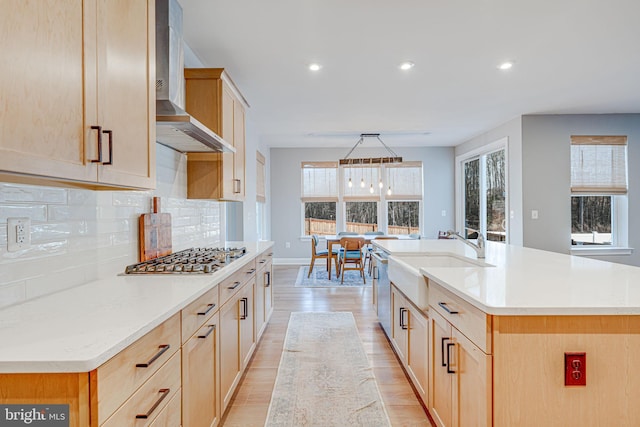 kitchen with a sink, appliances with stainless steel finishes, backsplash, wall chimney exhaust hood, and light wood finished floors