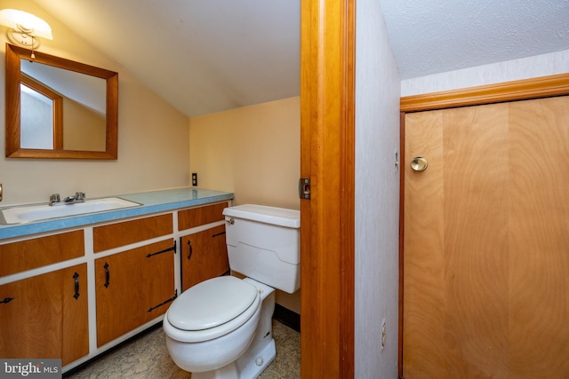 bathroom with vanity, toilet, and lofted ceiling