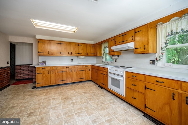 kitchen with sink, tasteful backsplash, and electric stove