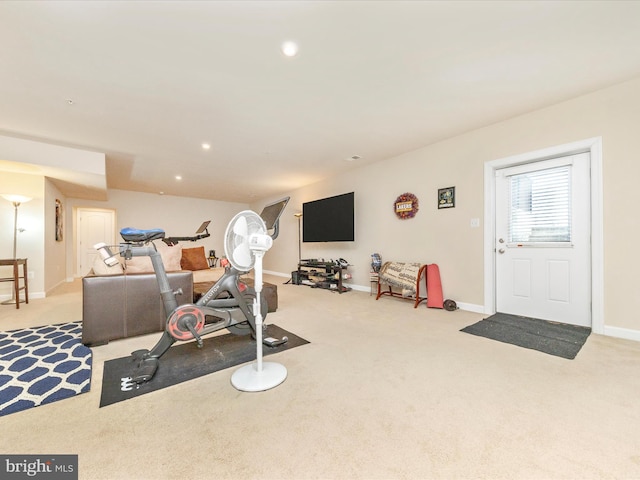 workout room featuring carpet floors