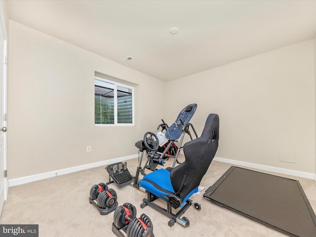 exercise area with light colored carpet