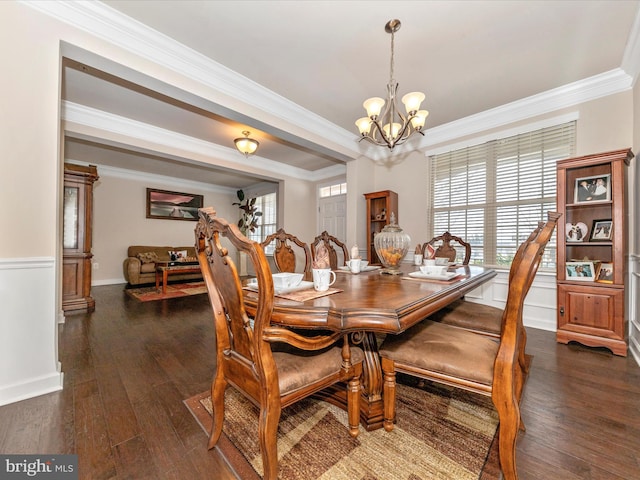 dining area with a notable chandelier, dark wood-type flooring, ornamental molding, and a healthy amount of sunlight