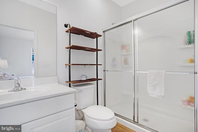 bathroom featuring vanity, toilet, and a shower with door