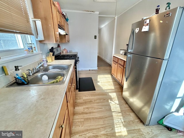 kitchen with sink, crown molding, stainless steel appliances, extractor fan, and light wood-type flooring