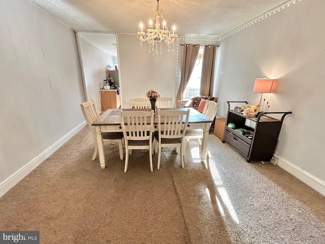 carpeted dining space featuring a chandelier