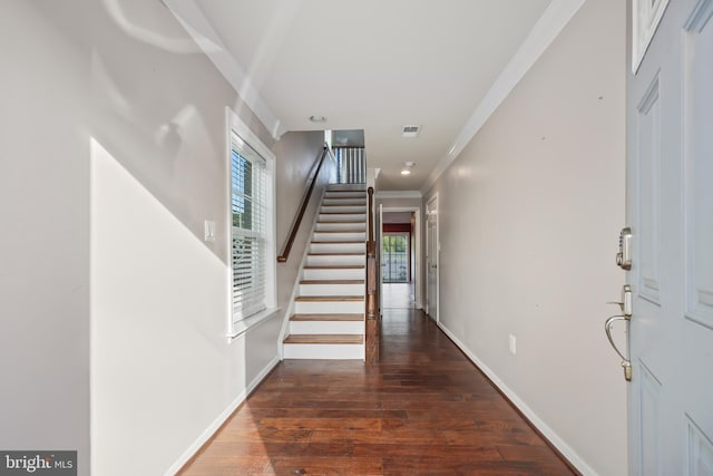 foyer entrance with crown molding and dark hardwood / wood-style flooring