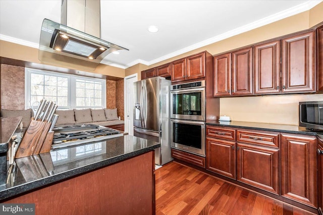 kitchen with dark stone countertops, crown molding, dark wood-type flooring, and appliances with stainless steel finishes