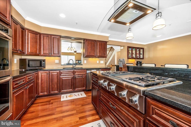 kitchen featuring sink, hardwood / wood-style flooring, hanging light fixtures, ornamental molding, and stainless steel appliances