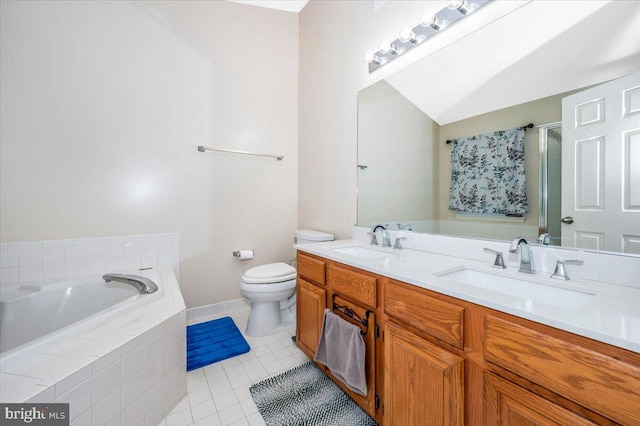 full bathroom featuring vanity, toilet, separate shower and tub, and tile patterned flooring