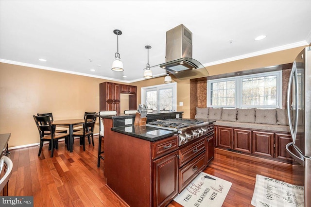 kitchen with dark wood-type flooring, stainless steel appliances, dark stone counters, and island exhaust hood