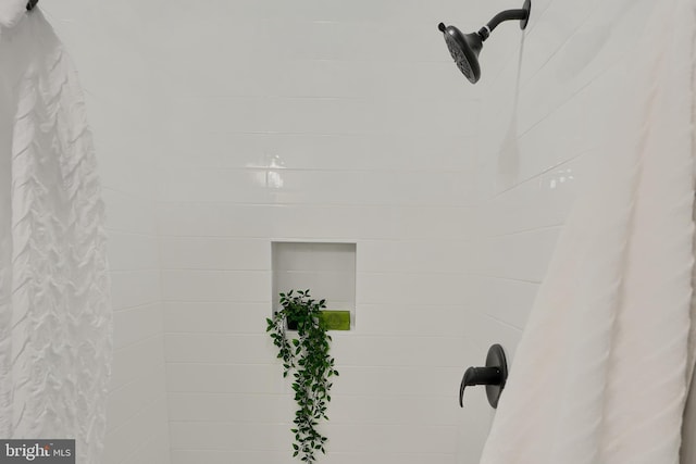 interior details featuring a shower with shower curtain