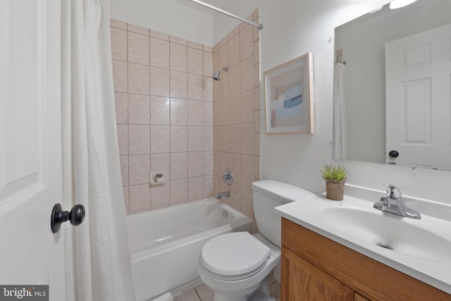 full bathroom featuring toilet, vanity, and shower / bath combination with curtain