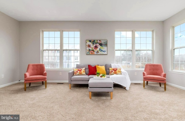 living area with carpet flooring