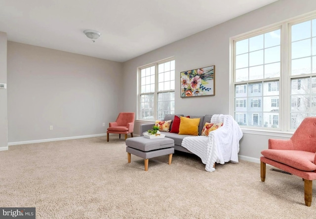 sitting room featuring light carpet