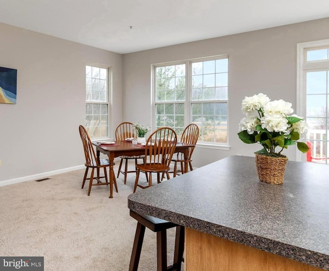 dining area with carpet floors and a wealth of natural light