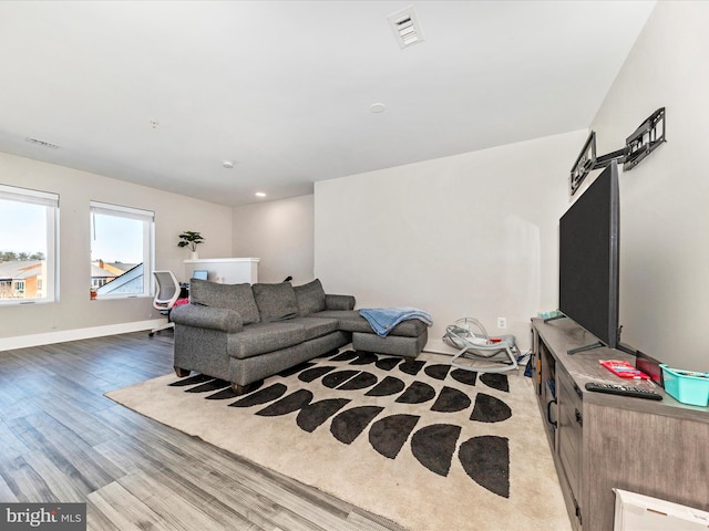 living room featuring light hardwood / wood-style floors and a barn door