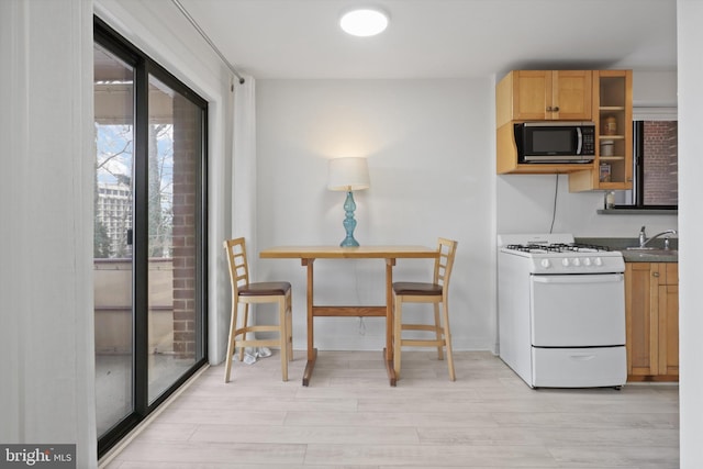 kitchen with sink, light hardwood / wood-style flooring, and gas range gas stove