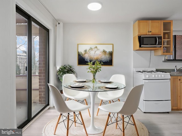 dining room featuring sink and light hardwood / wood-style flooring