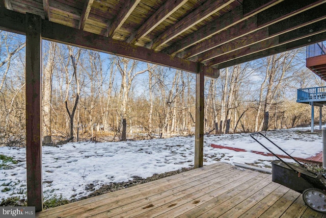 view of snow covered deck